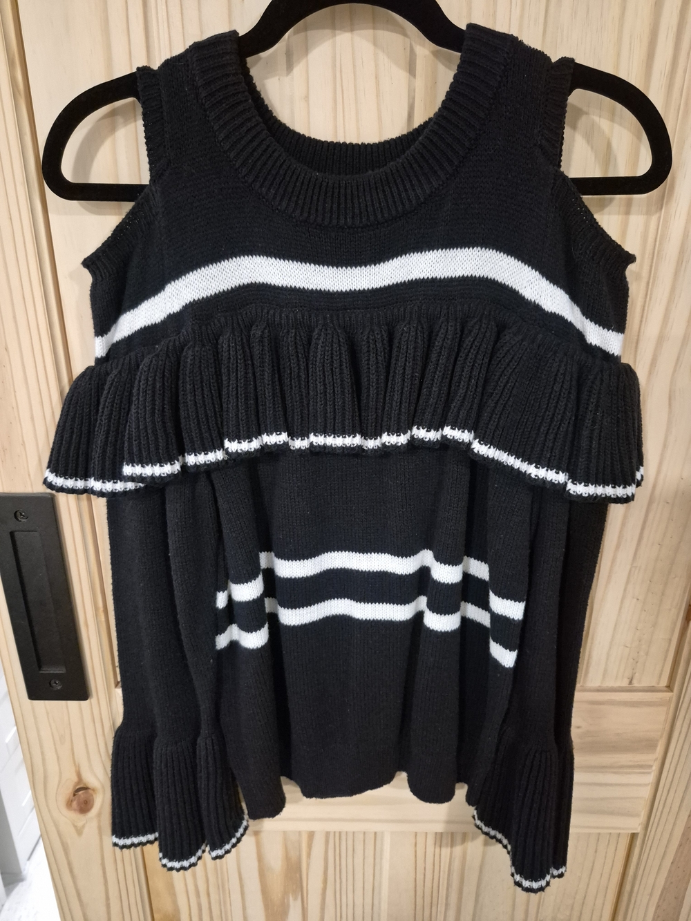 Cato Black & White Off-Shoulder Ruffle Sweater